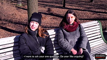 Experience the thrill of the unexpected: Russian girls take on public agent in a street bet